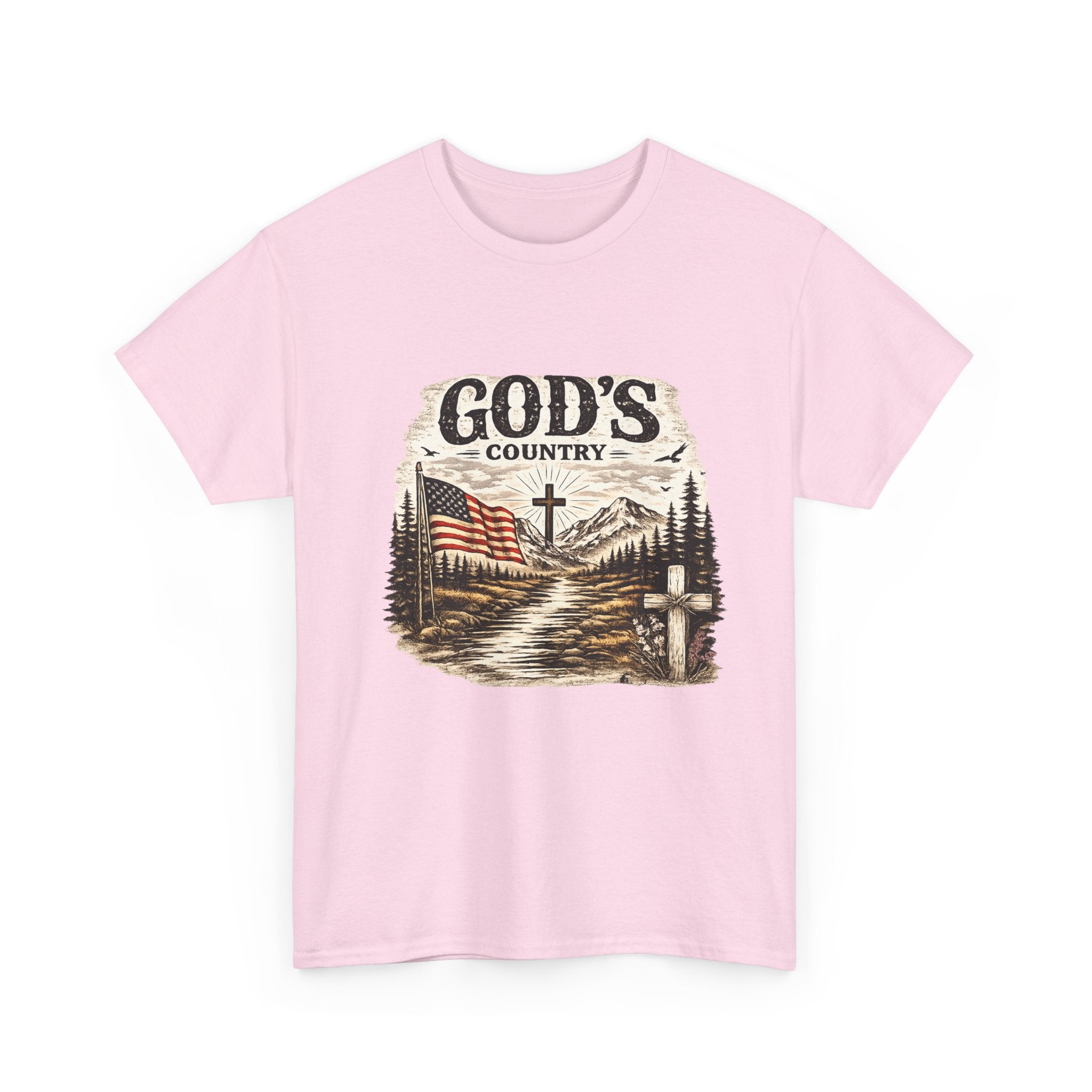God's Country T-Shirt — American Flag, Cross & Rustic Mountain Vintage Graphic Tee