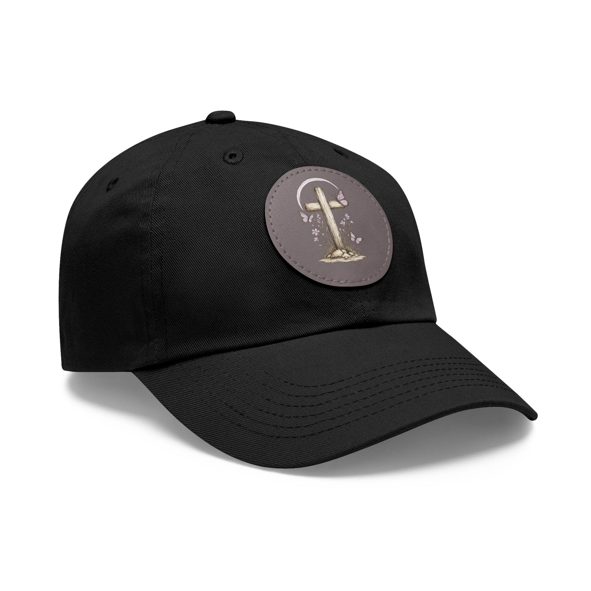 Dad Hat — Round Leather Patch Cross & Flowers Embroidered Design