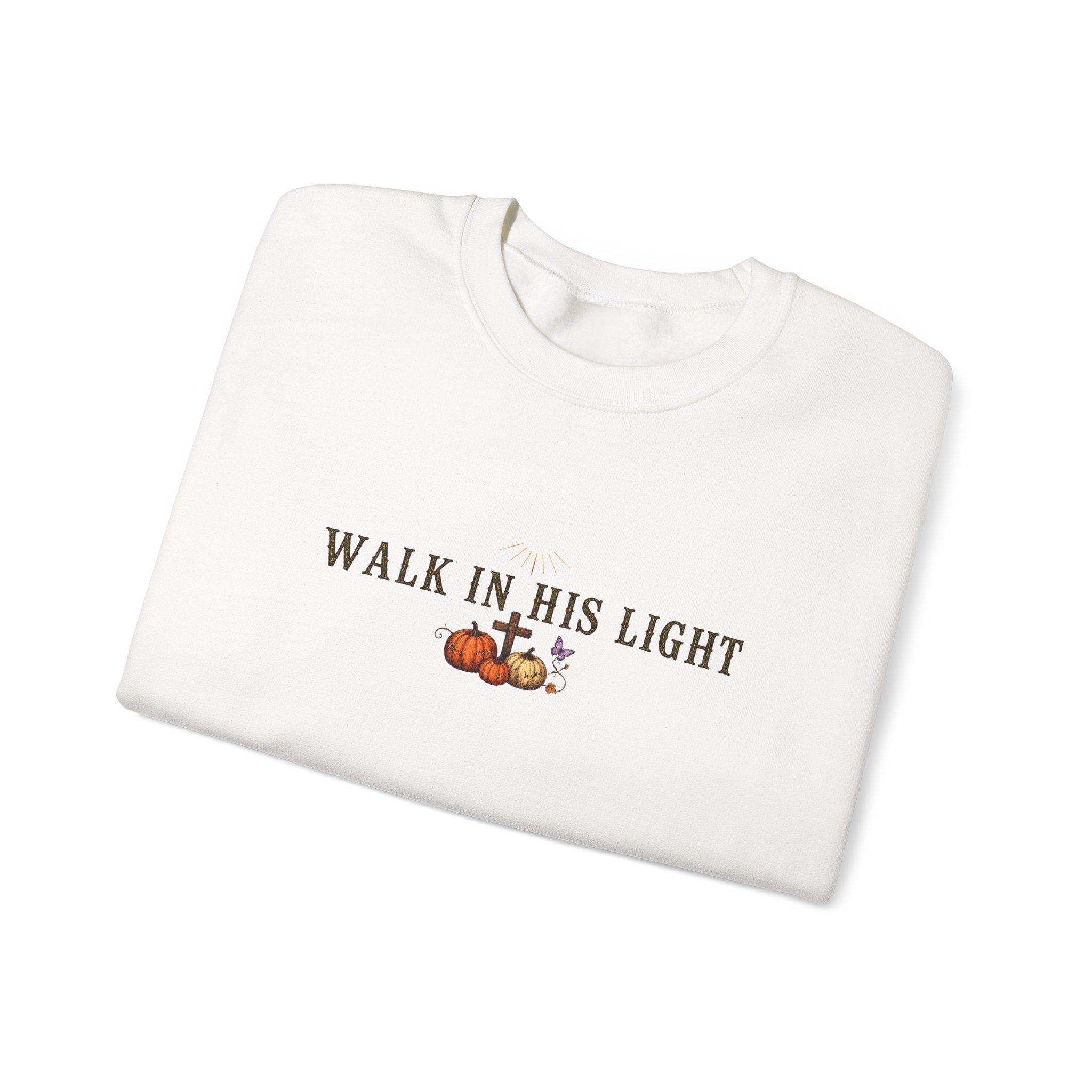 Walk in His Light Crewneck Sweatshirt — Christian Lantern & Pumpkin Faith Pullover