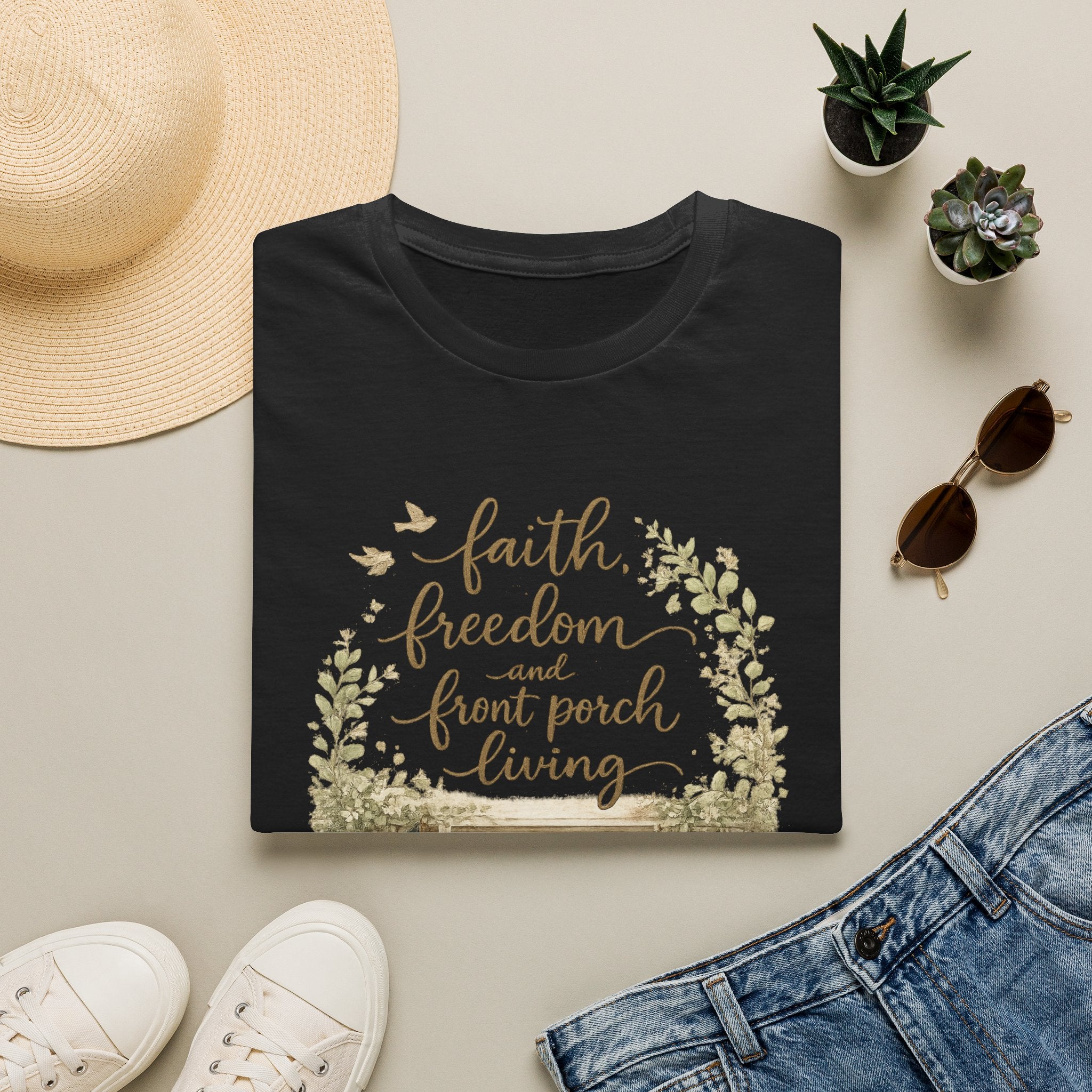 Faith, Freedom & Front Porch Living T-Shirt — Cozy Farmhouse Cottage Tee