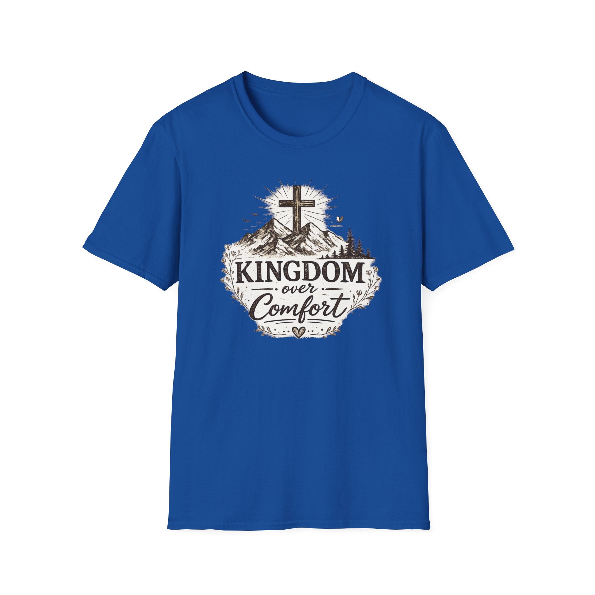 Kingdom Over Comfort Christian T-Shirt – Faith Cross Mountain Graphic