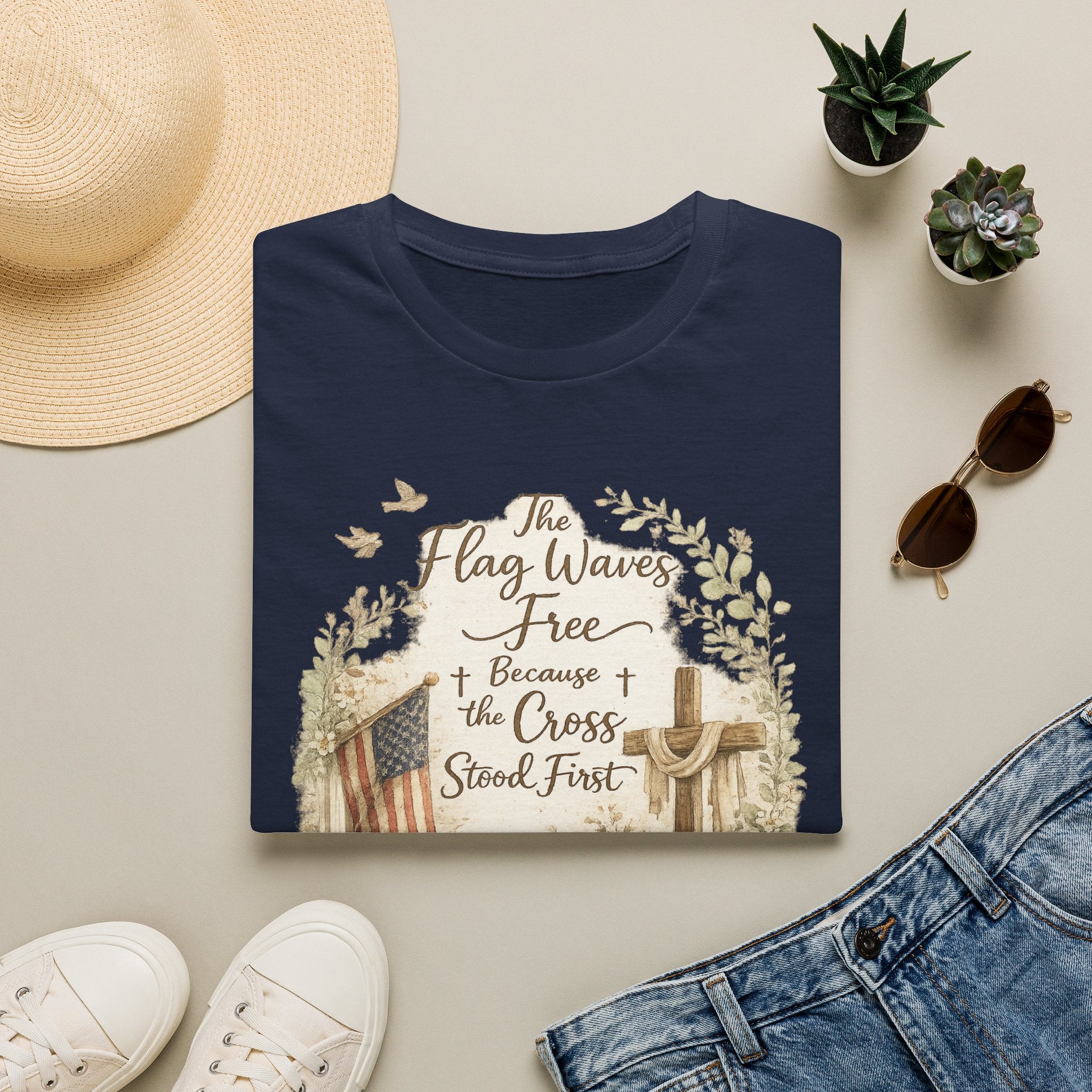 Christian Patriotic T-Shirt — “The Flag Waves Free Because the Cross Stood First”