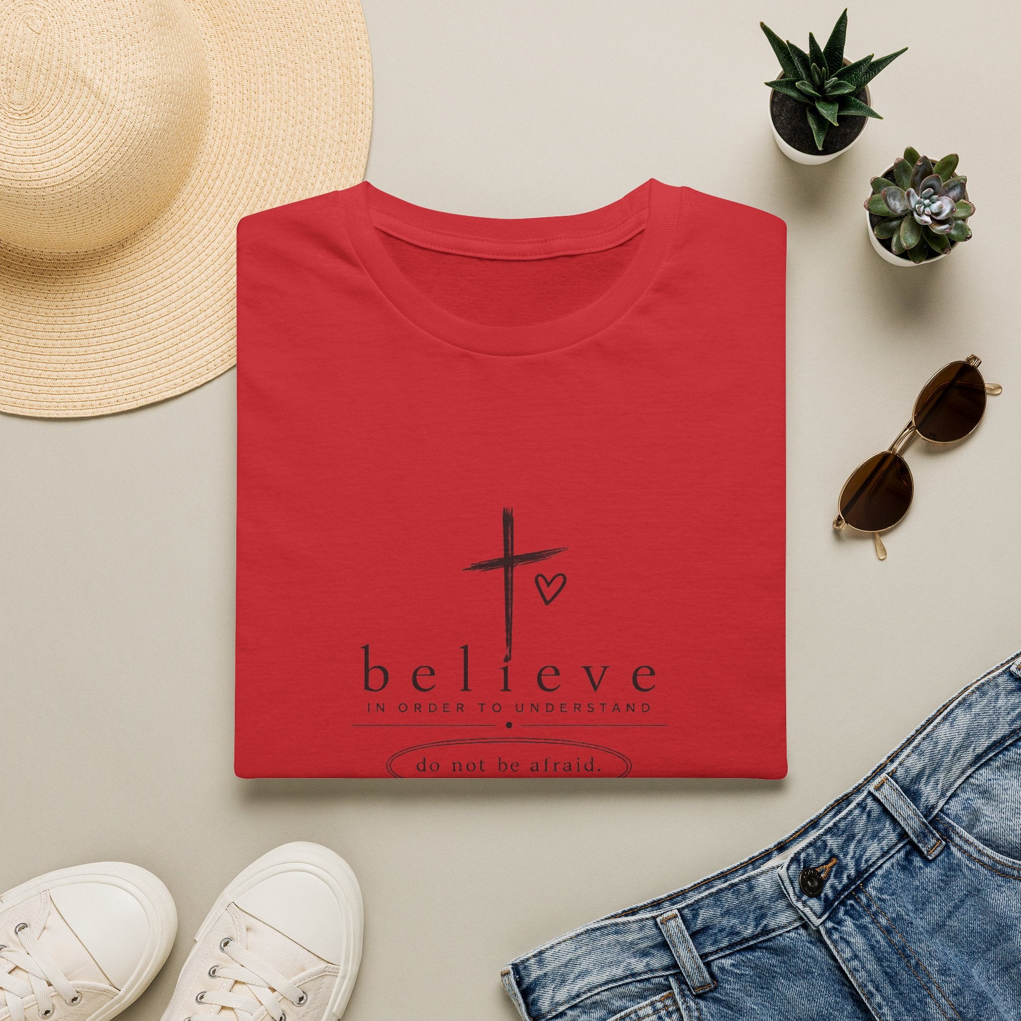 Believe Cross T‑Shirt — 'Believe in Order to Understand' Christian Faith Tee