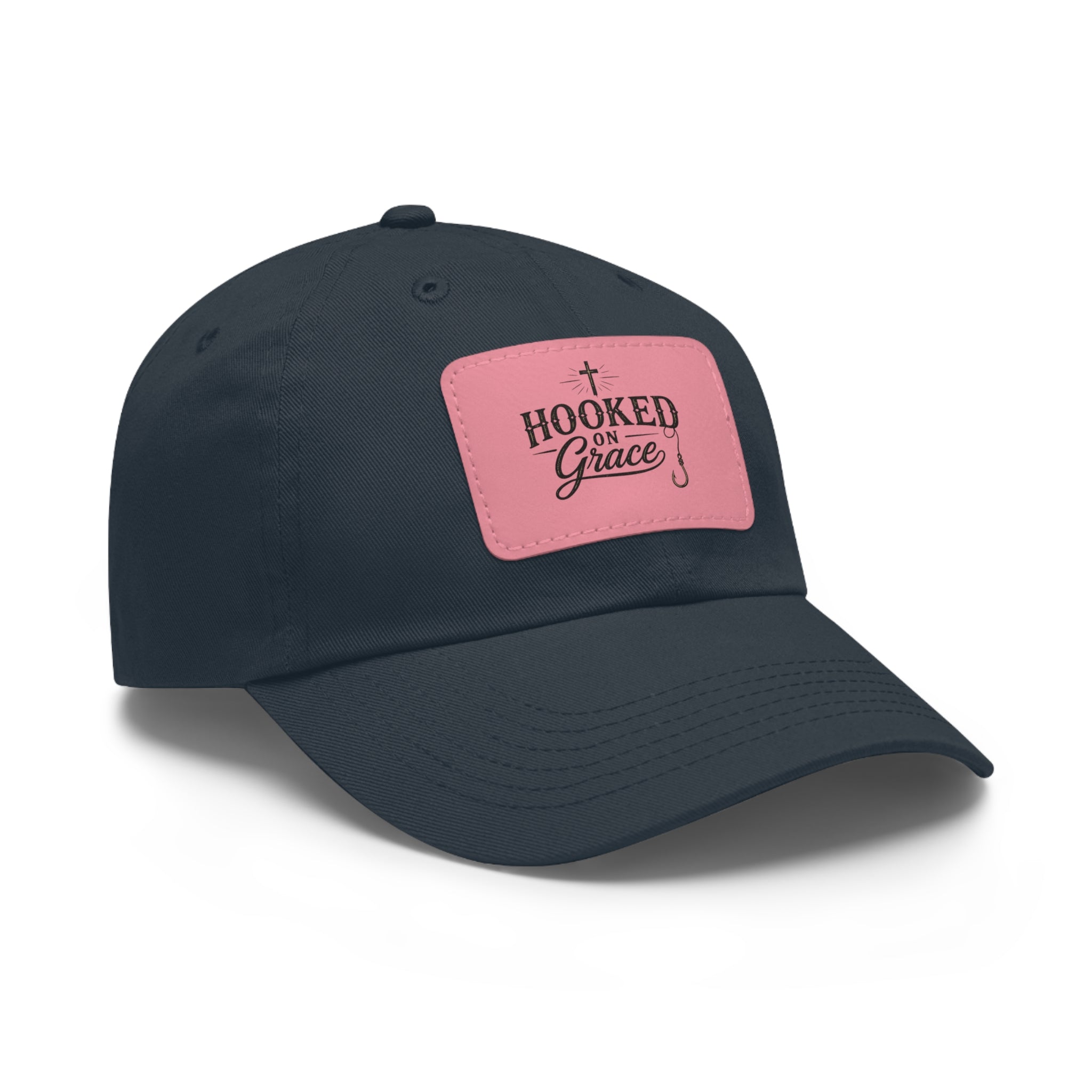 Hooked on Grace Leather Patch Dad Hat — Fishing Faith Embroidered Cap