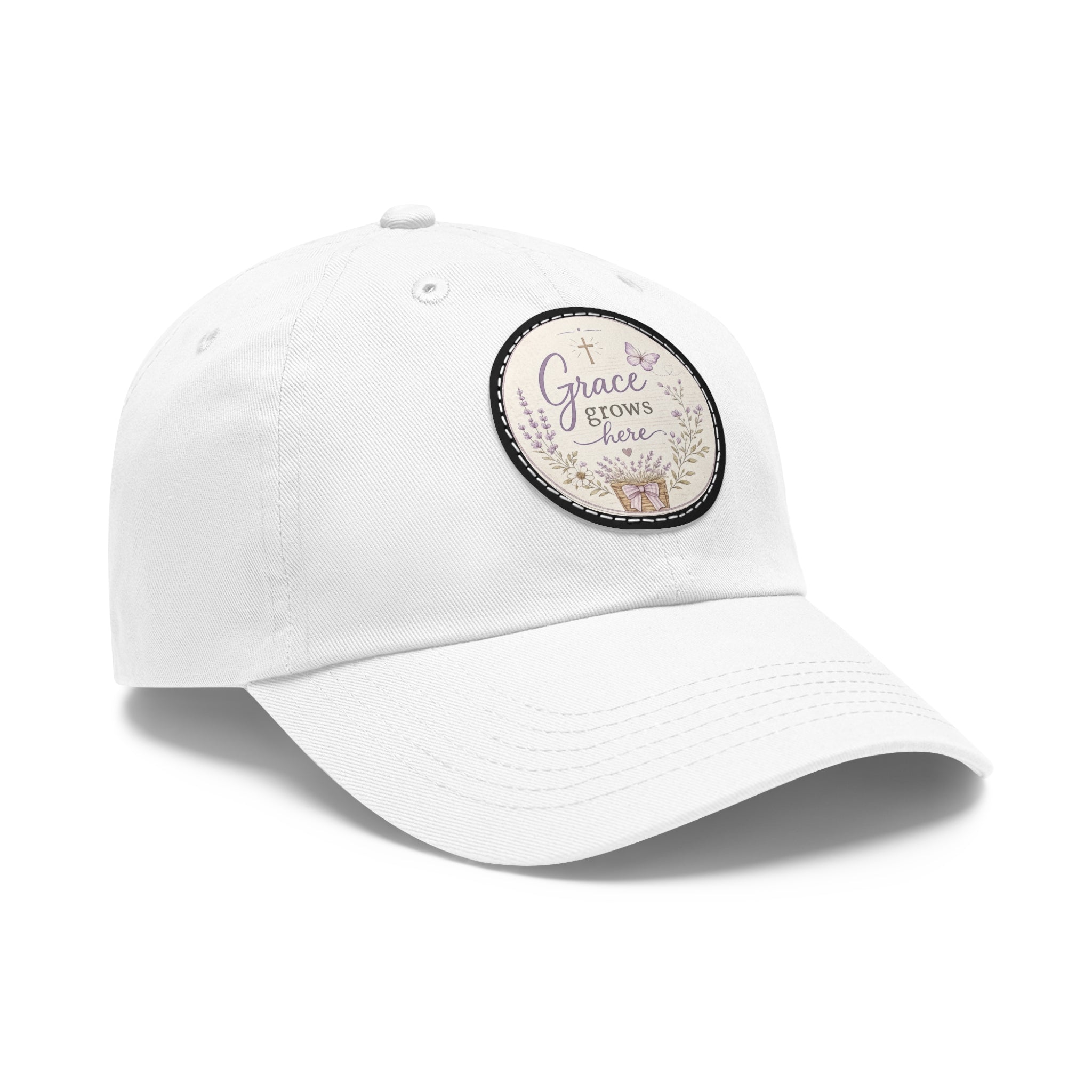 Grace Grows Here Dad Hat — Embroidered Round Leather Patch Christian Baseball Cap