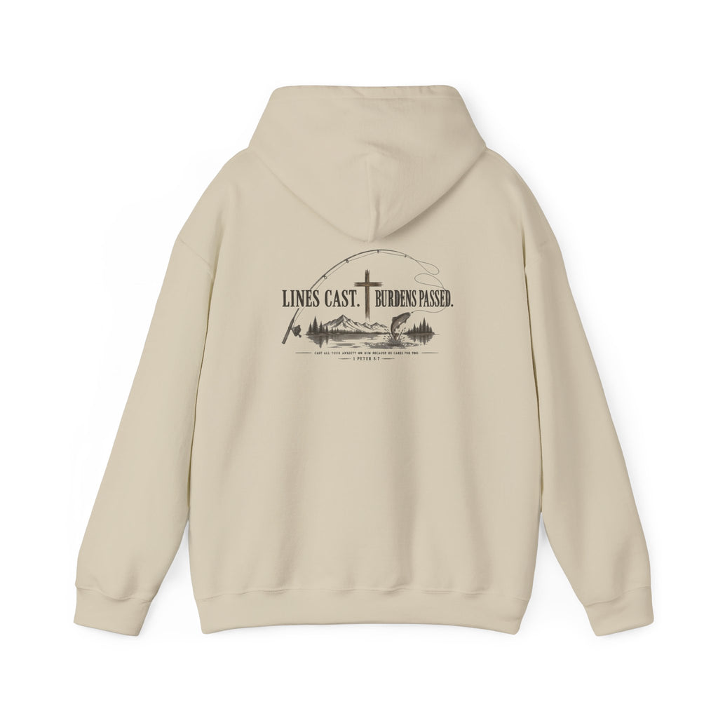 Fishing Hoodie – “Lines Cast, Burdens Passed” Outdoor Angler Pullover