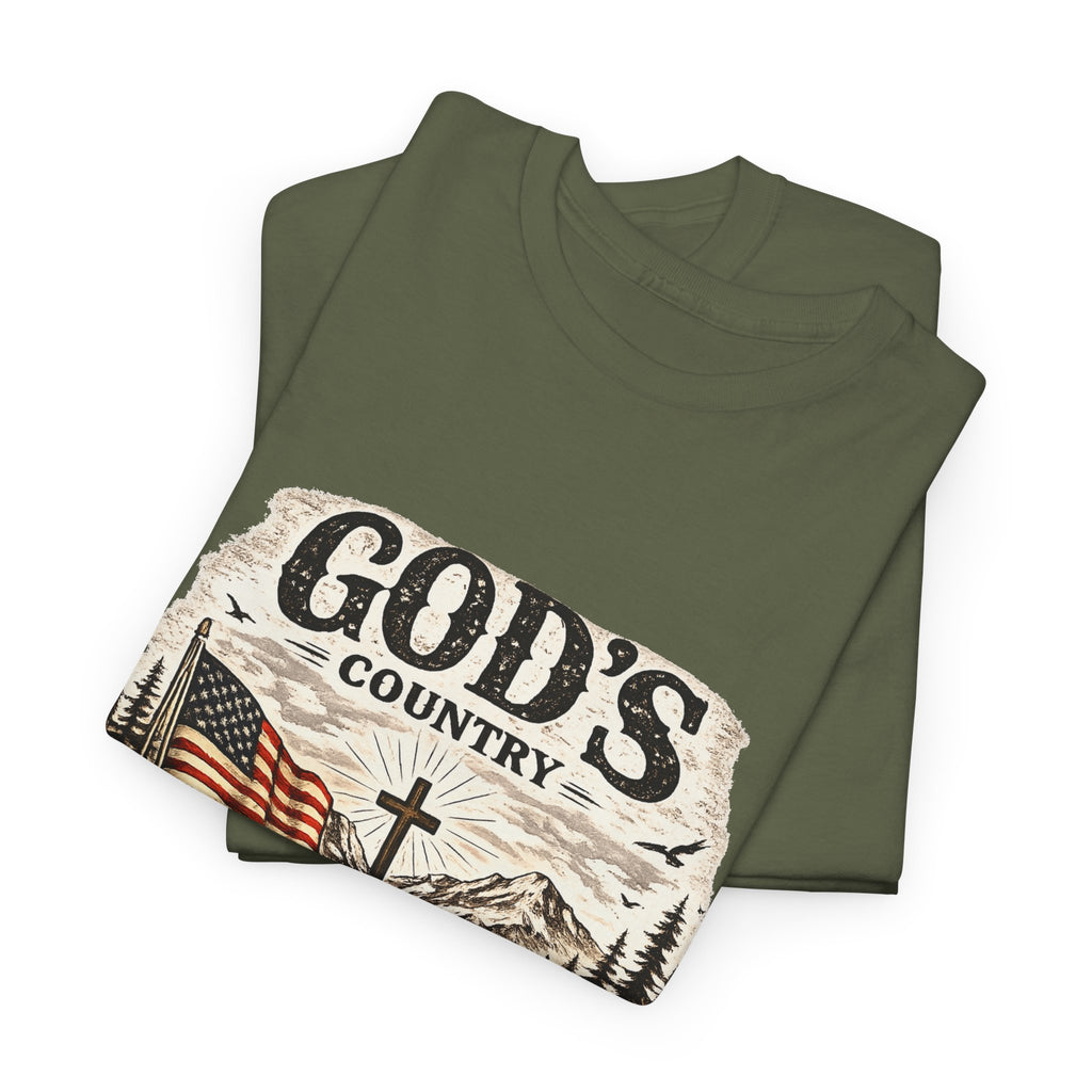 God's Country T-Shirt — American Flag, Cross & Rustic Mountain Vintage Graphic Tee