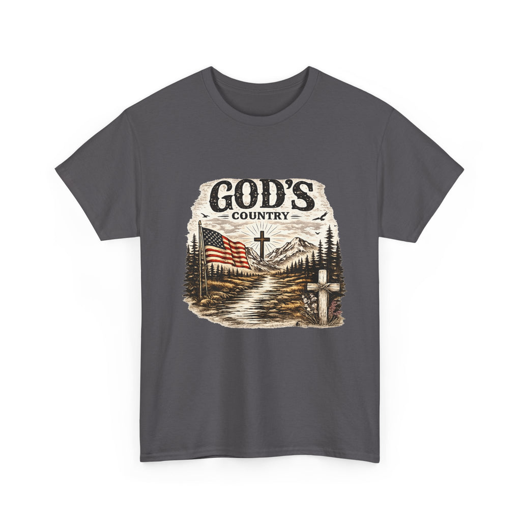 God's Country T-Shirt — American Flag, Cross & Rustic Mountain Vintage Graphic Tee