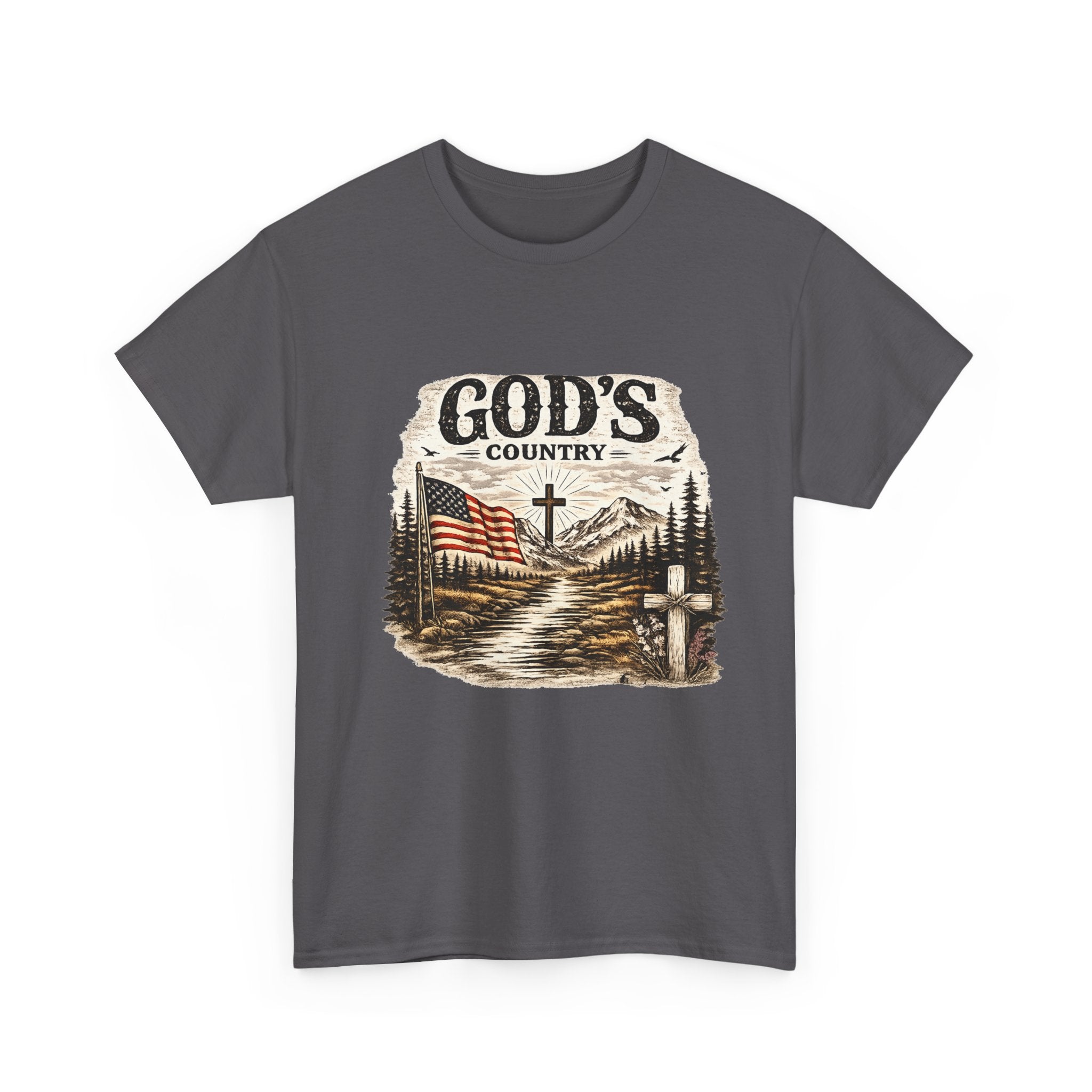 God's Country T-Shirt — American Flag, Cross & Rustic Mountain Vintage Graphic Tee