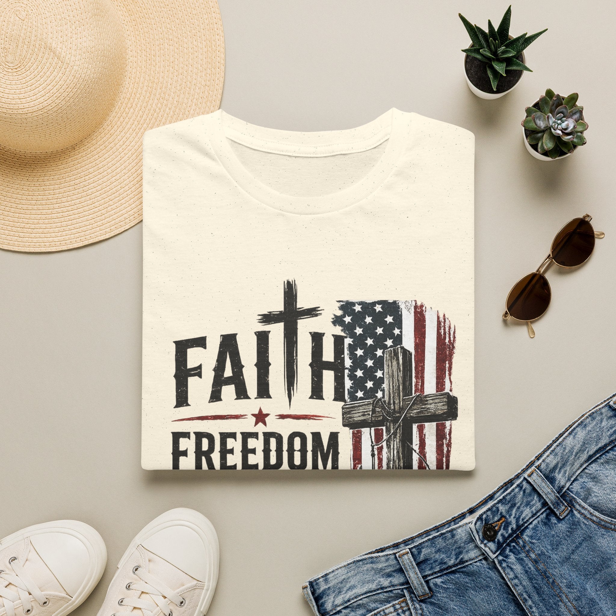 Faith & Freedom T-Shirt — American Flag Cross Fishing Graphic
