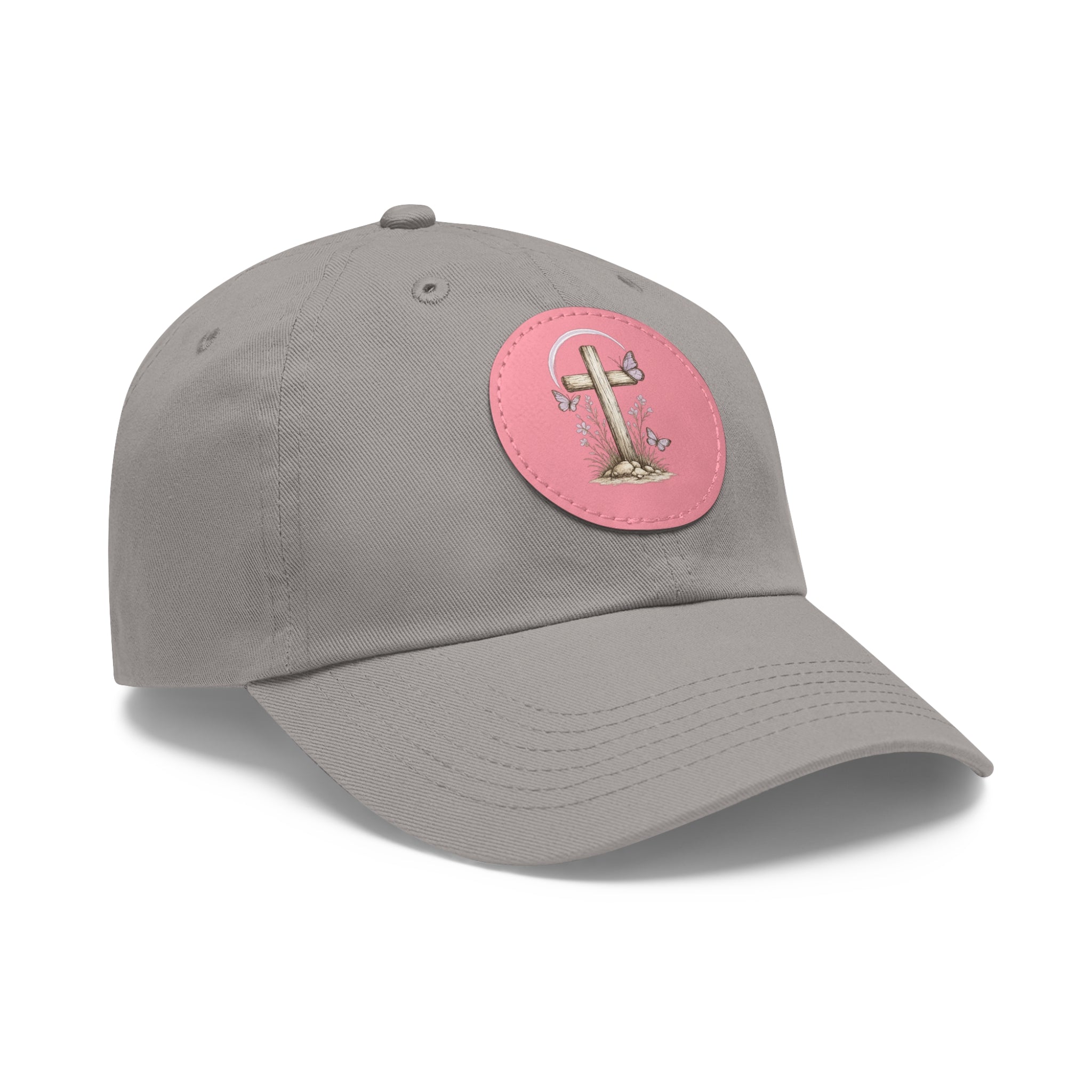 Dad Hat — Round Leather Patch Cross & Flowers Embroidered Design