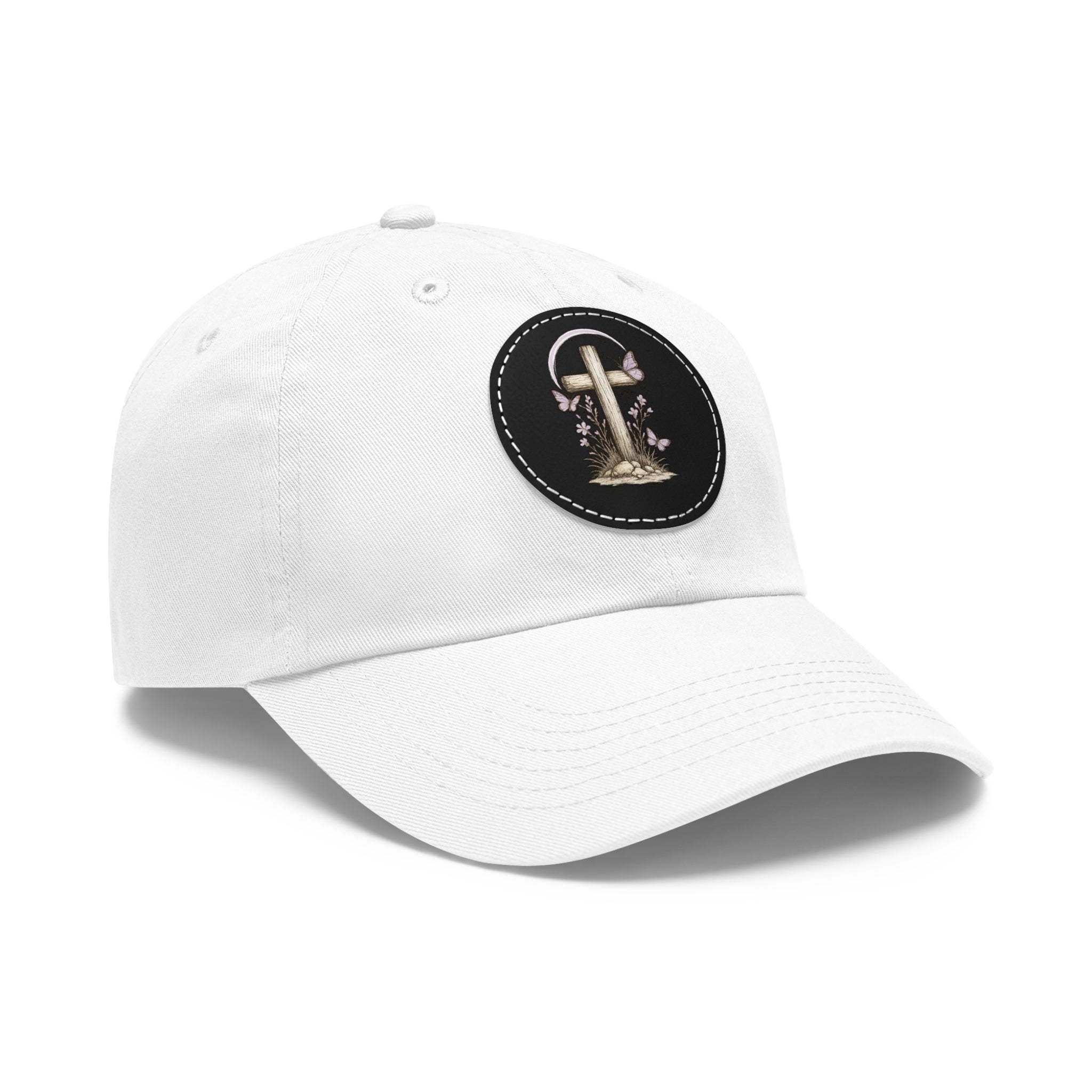 Dad Hat — Round Leather Patch Cross & Flowers Embroidered Design