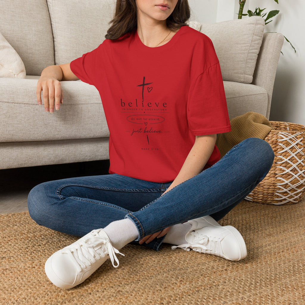 Believe Cross T‑Shirt — 'Believe in Order to Understand' Christian Faith Tee