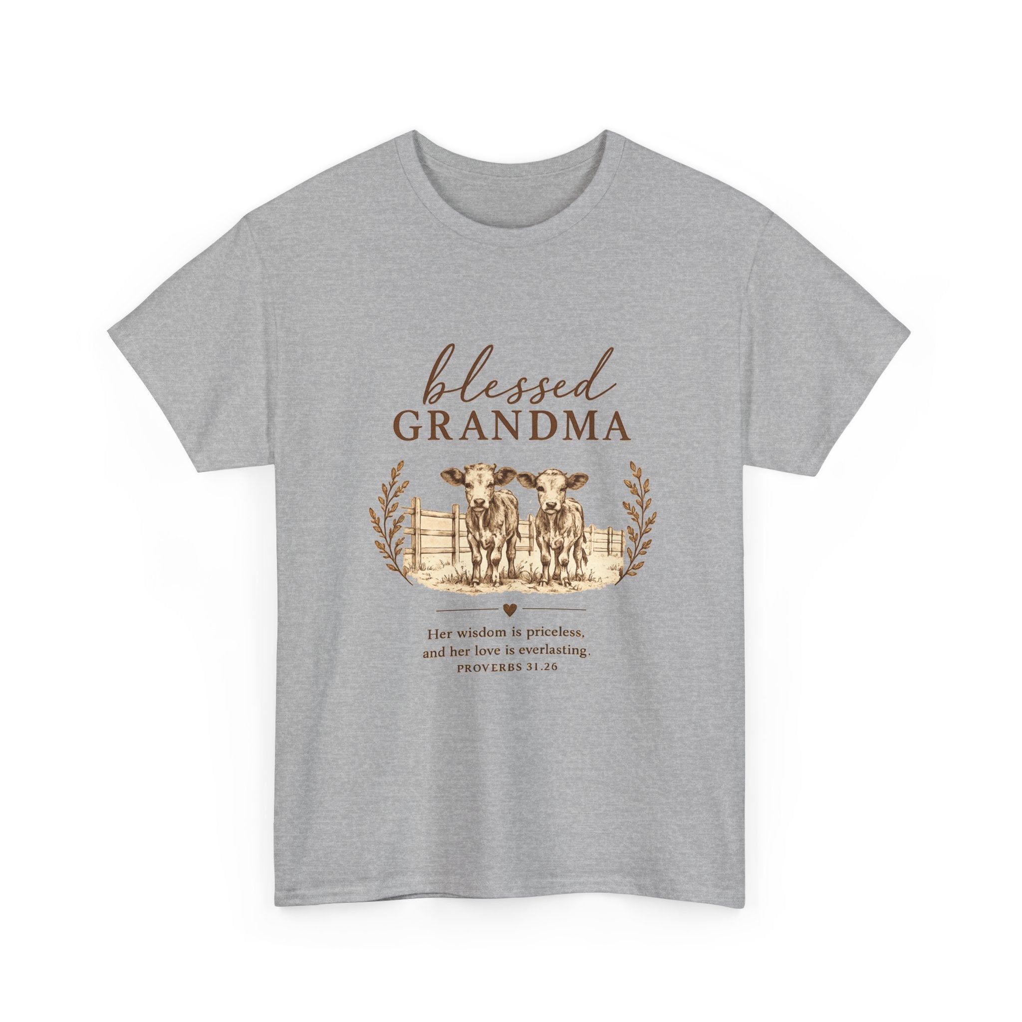 Blessed Grandma T-Shirt — Floral Cow Plaid Farmhouse Tee (Proverbs 31:28)