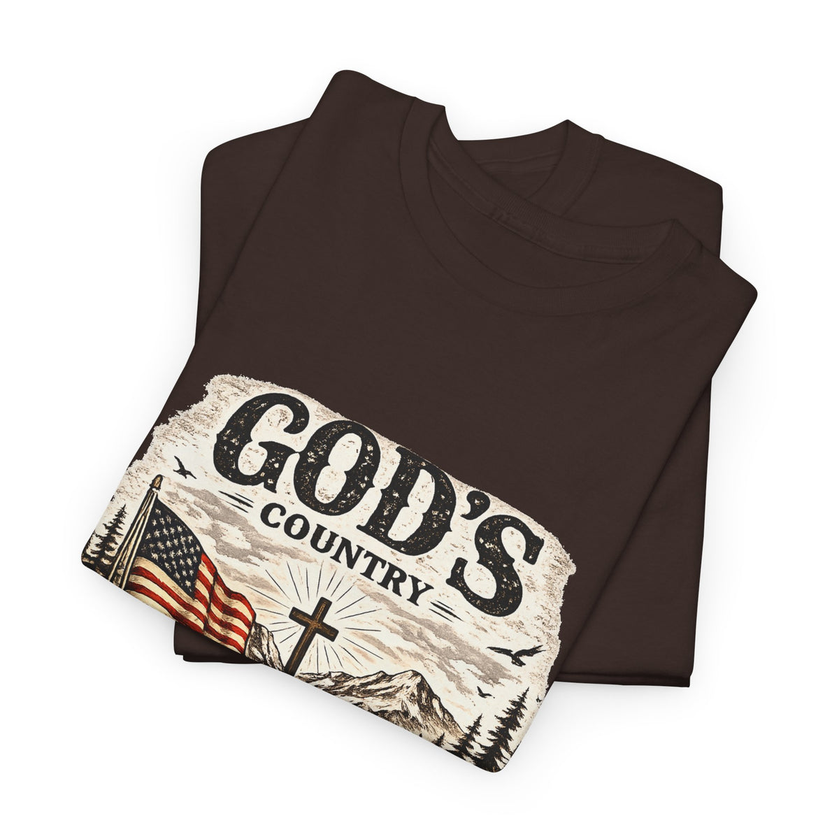 God's Country T-Shirt — American Flag, Cross & Rustic Mountain Vintage Graphic Tee