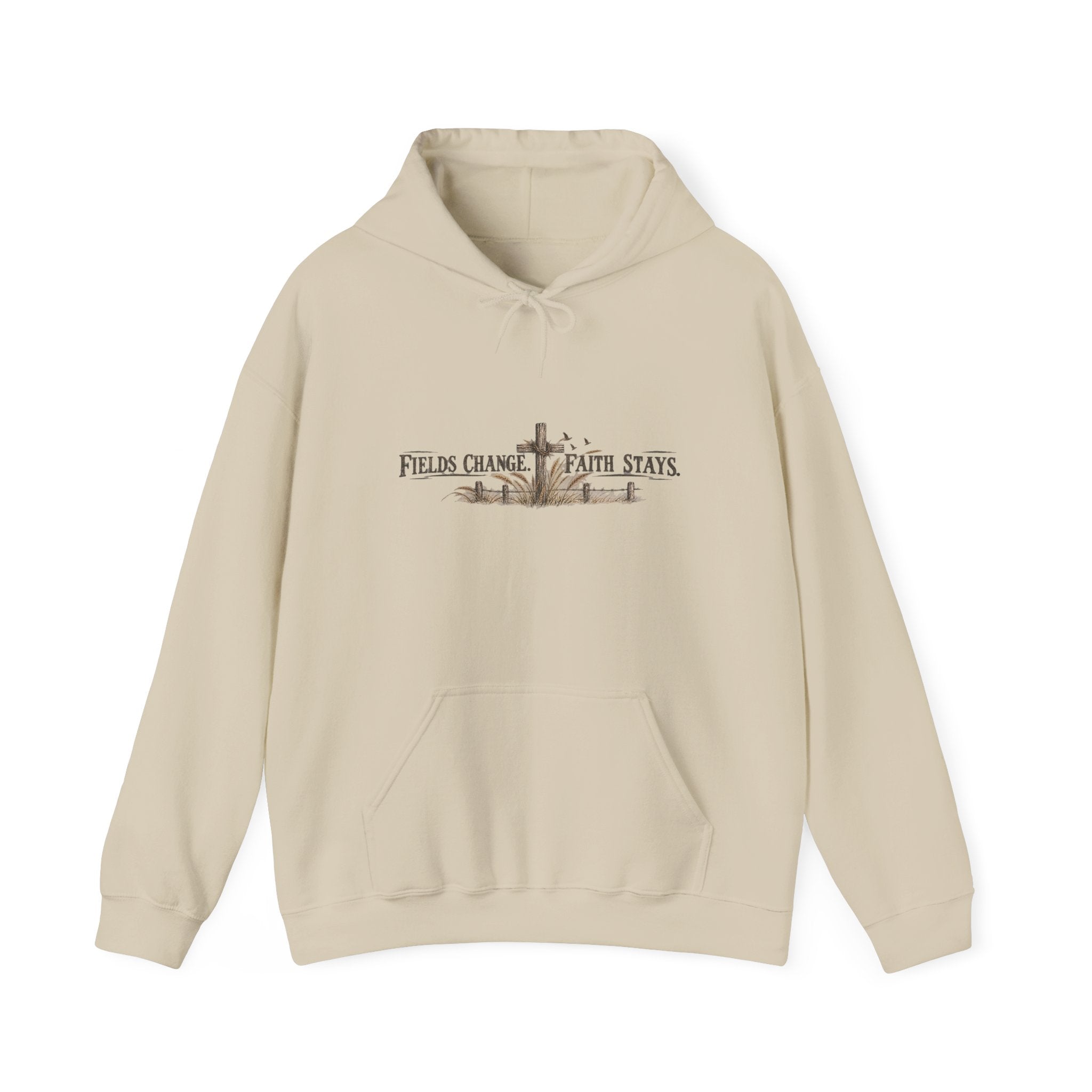 Faith Farm Hoodie — "Fields Change, Faith Stays" Cross Design