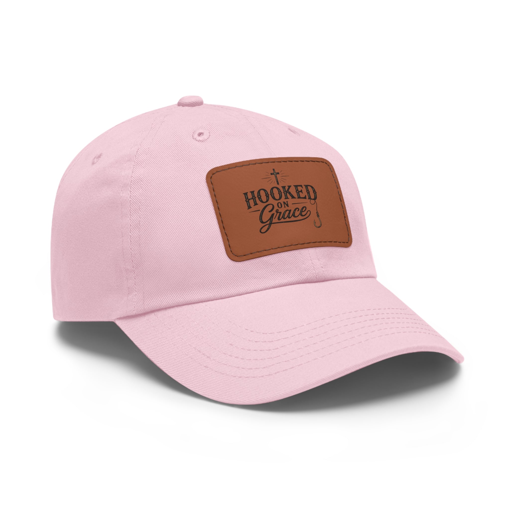 Hooked on Grace Leather Patch Dad Hat — Fishing Faith Embroidered Cap