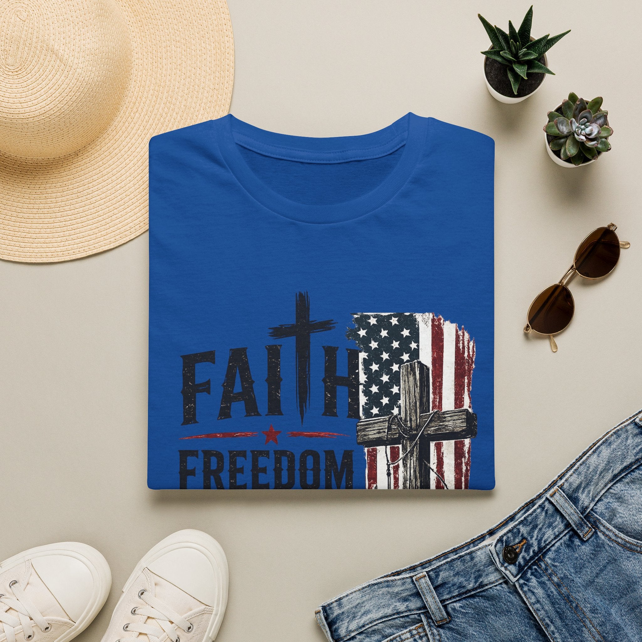 Faith & Freedom T-Shirt — American Flag Cross Fishing Graphic