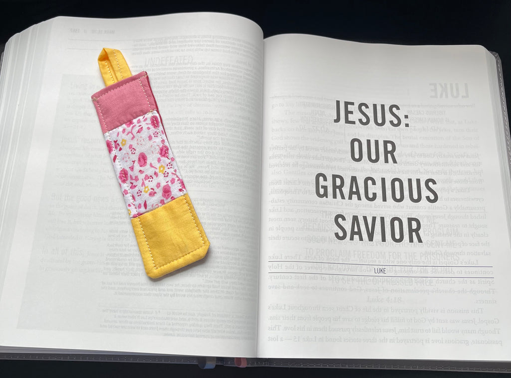 Sweet Promise quilted bookmark resting in an open Bible